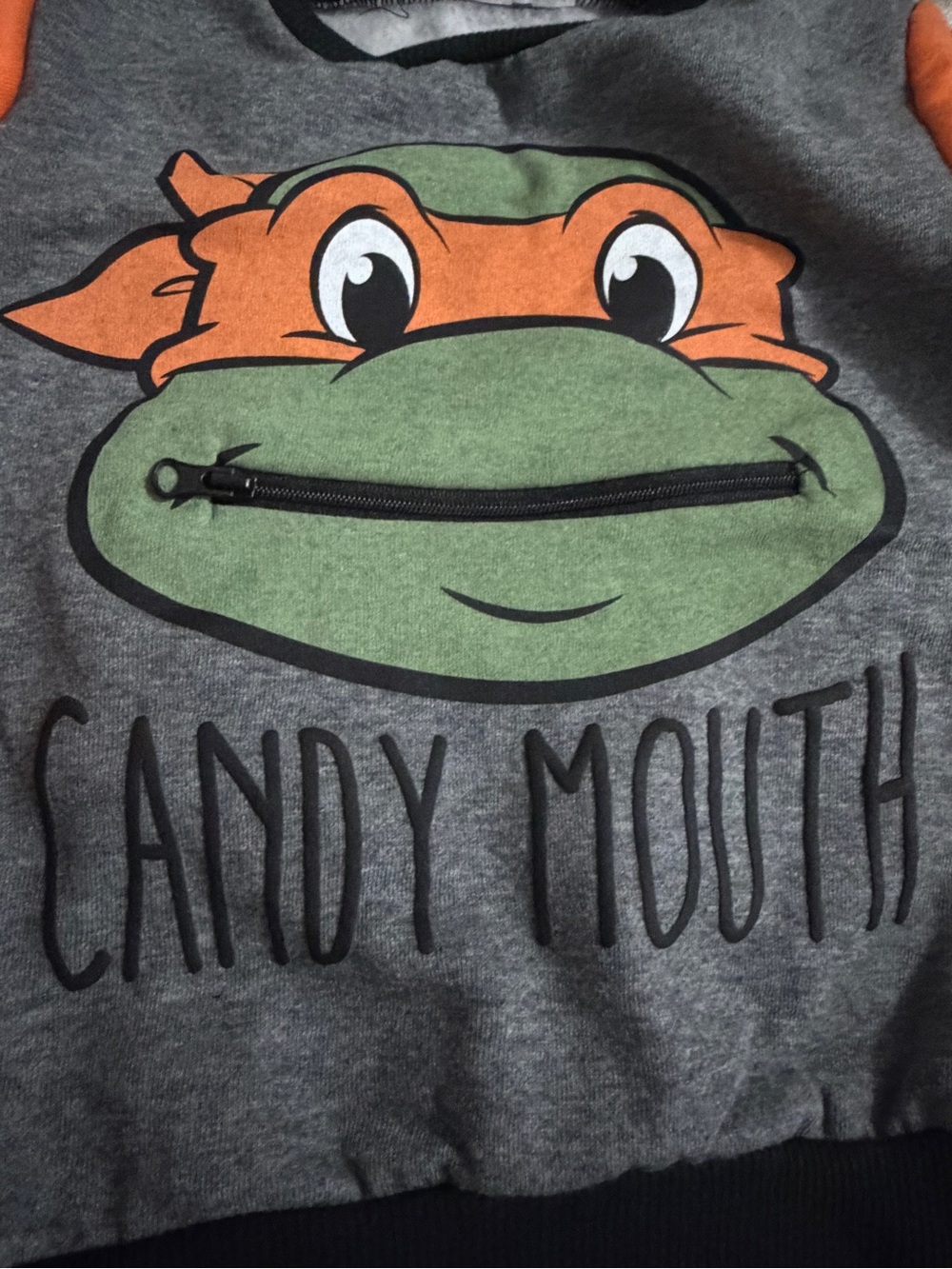 Kids Gray Ninja Turtle 'Candy Mouth' Hoodie with Orange Mask